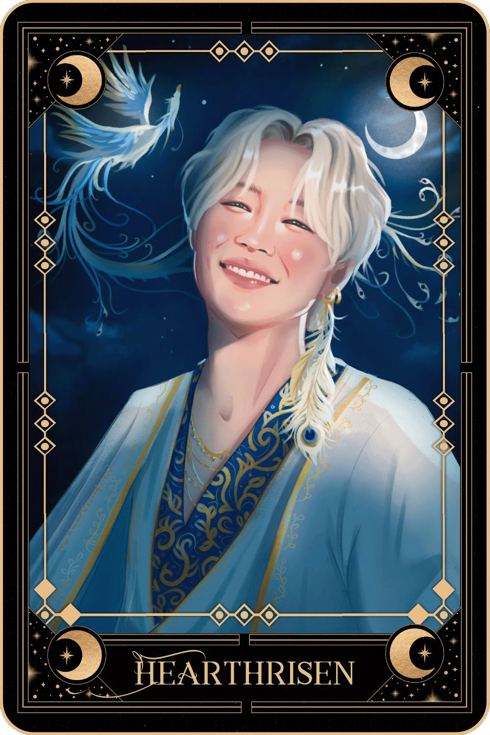 Tarot card-like drawing of elf Yoongi with the text "Thornweaver"