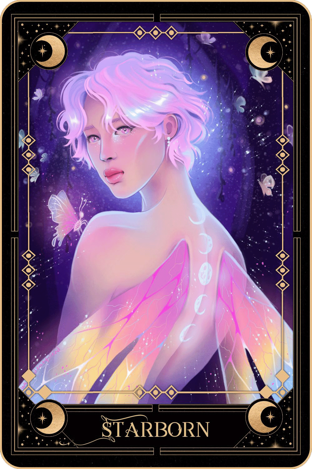 Tarot card-like drawing of elf Yoongi with the text "Thornweaver"