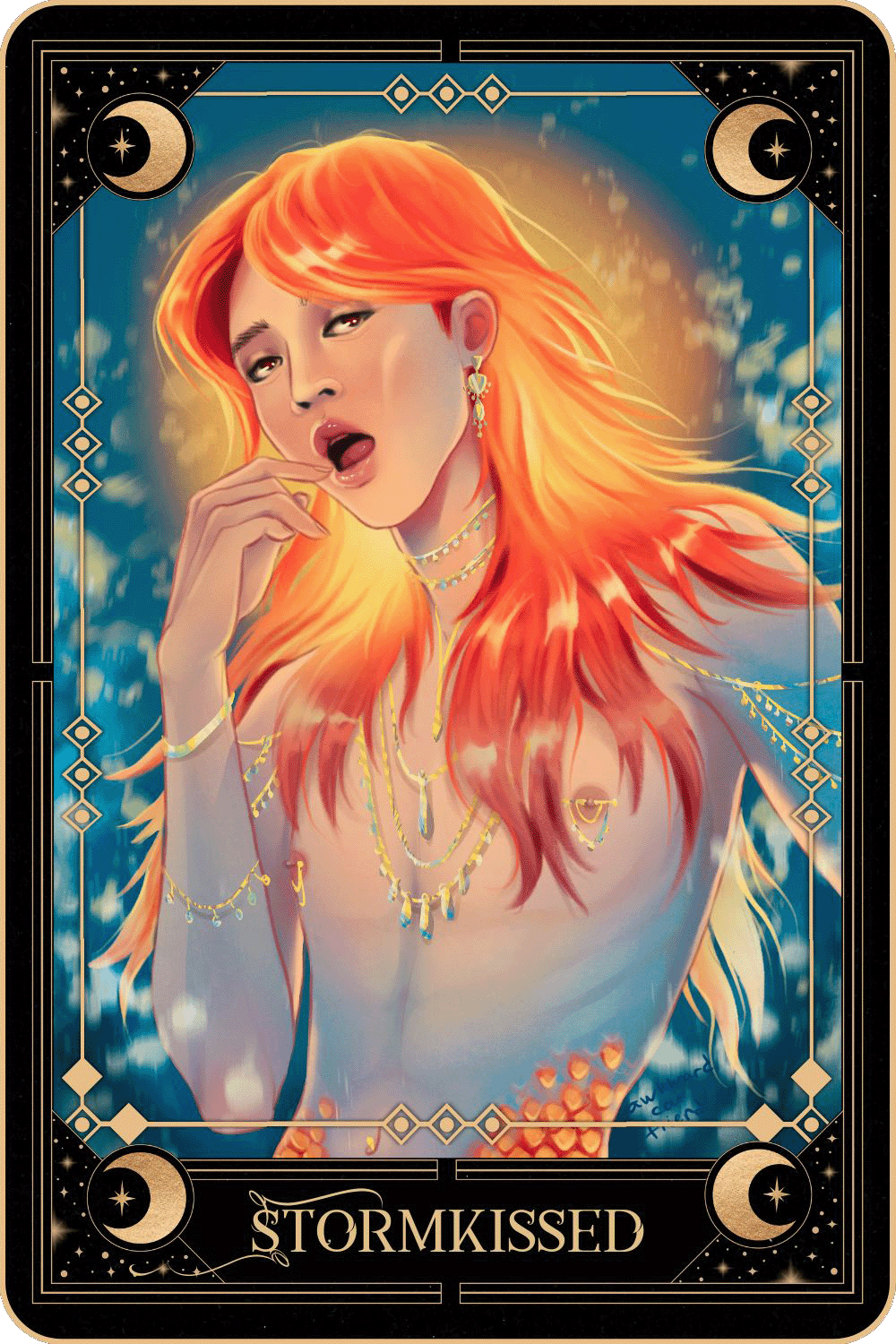Tarot card-like drawing of elf Yoongi with the text "Thornweaver"