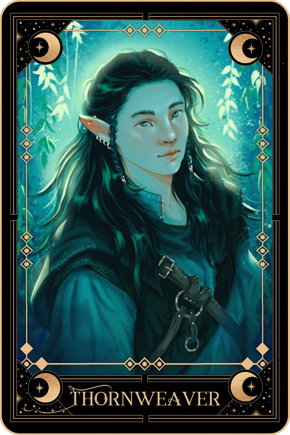 Tarot card-like drawing of elf Yoongi with the text "Thornweaver"