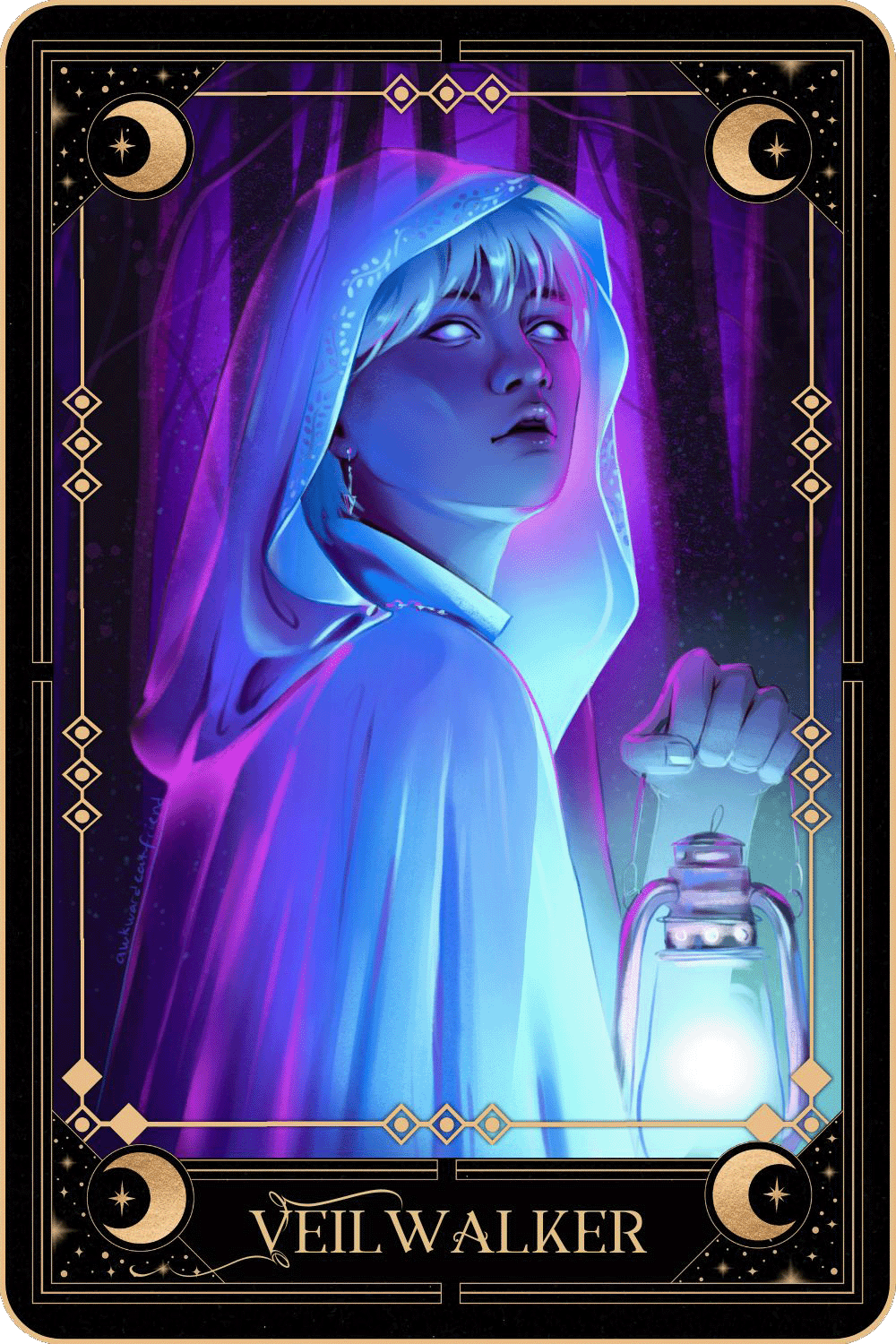 Tarot card-like drawing of elf Yoongi with the text "Thornweaver"