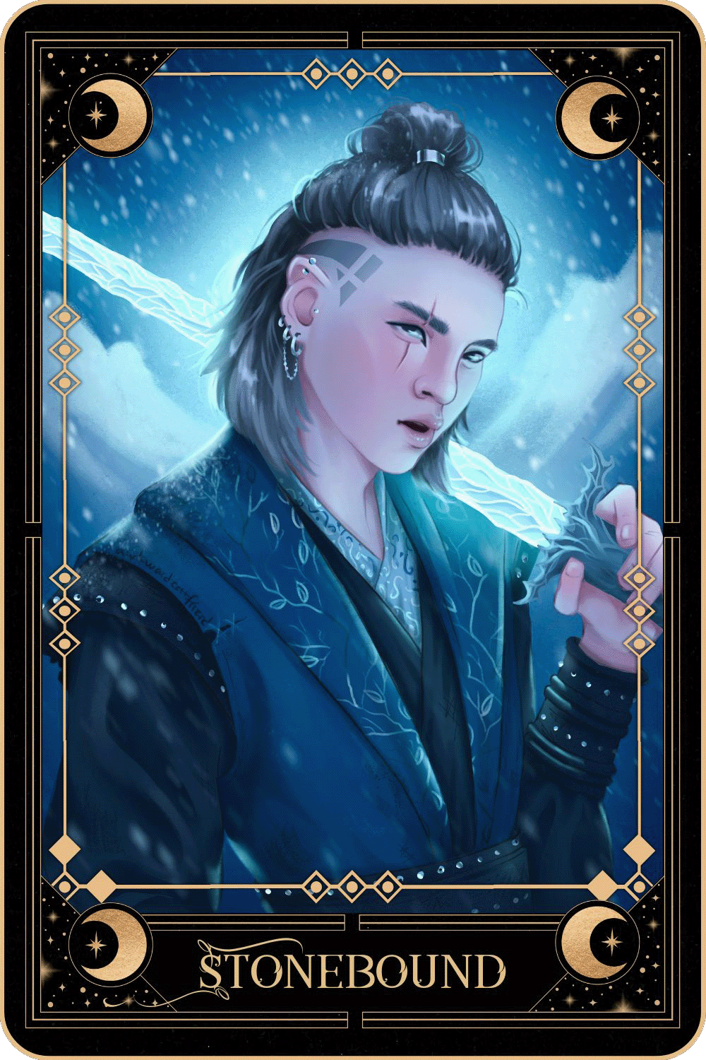 Tarot card-like drawing of elf Yoongi with the text "Thornweaver"